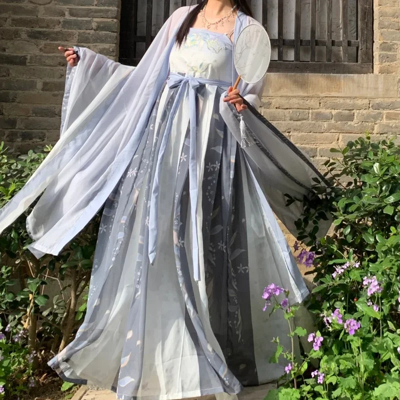 Conjunto de vestido Hanfu de estilo chino para mujer, vestido de princesa bordado de flores, traje de escenario de danza dulce de la dinastía Tang, elegante y tradicional