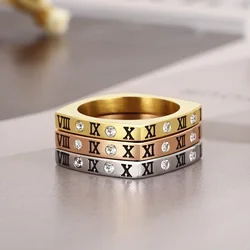 Square Stainless Steel Roman Numeral Rings For Women Fashion Rhinestone Wedding Band Gold Color Luxury Jewelry Gift
