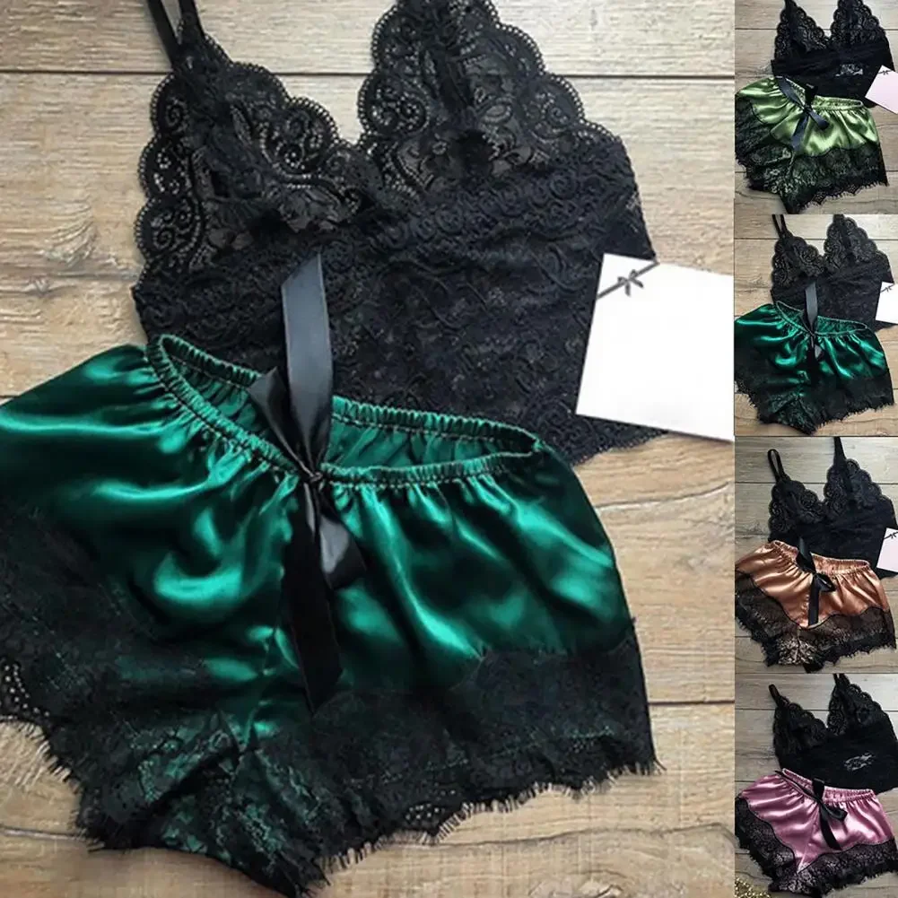 Womens Sexy Lace Sleepwear Lace Lingerie Sleeveless V-Neck Babydoll Pajamas Set Lingerie Tops Shorts Bra Short Pants Nightwear
