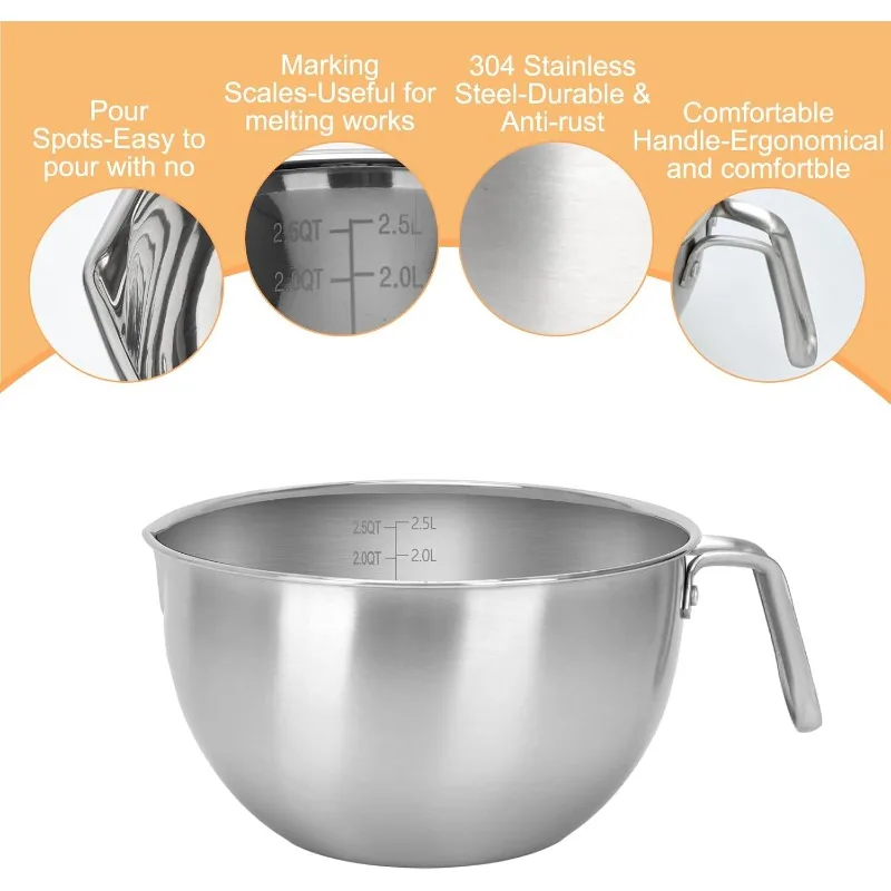 3Pcs Double Boiler Pot Set Stainless Steel Heating Mixing Bowl with Scale & Silicone Spatula for Chocolate Cheese Candy Candle Soap Wax Melting