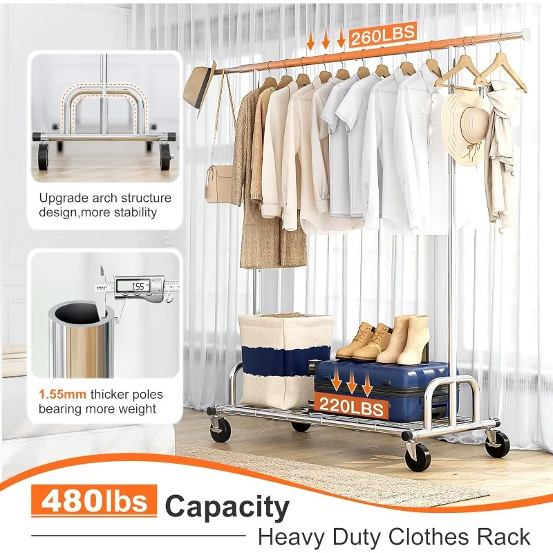 Adjustable Clothing Rack Loads 480LBS Heavy Duty Clothes Rack with Whees Rolling Clothing Racks for Hanging Commercial