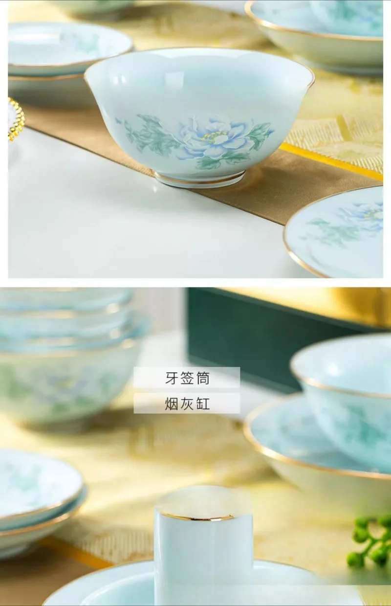 Celadon raw ore glazed tableware set, bowl combination, light luxury tableware, Chinese high-end