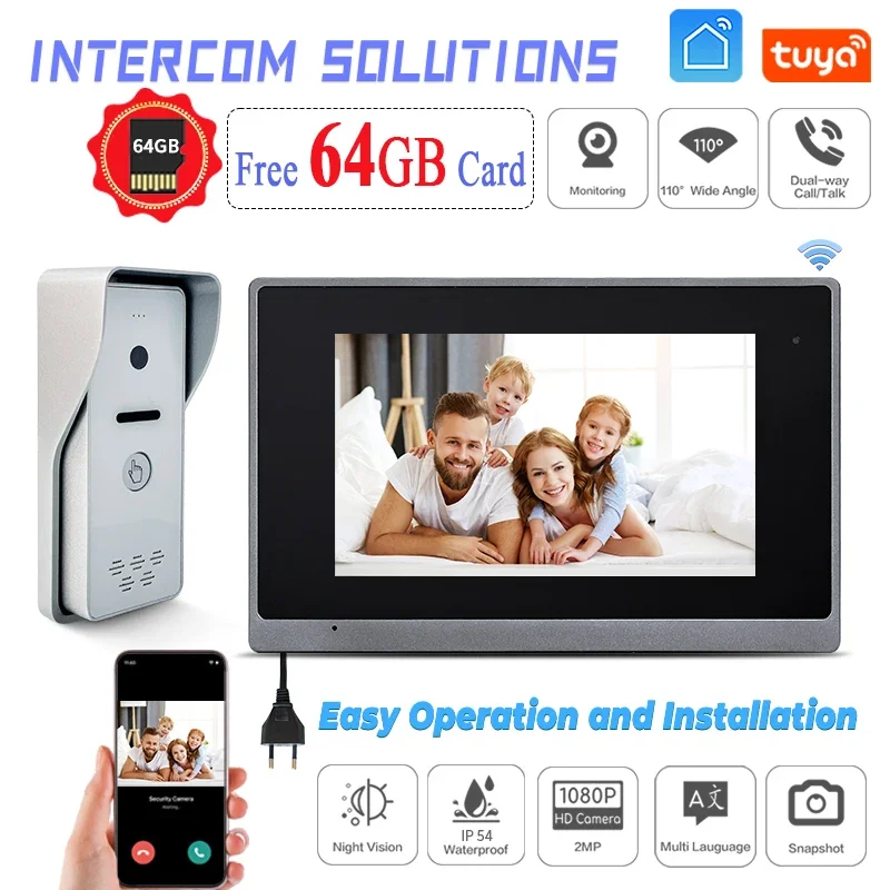 

1080P 7 Inch Touch Screen Wifi Video Doorbell Smart TUYA Home Video Intercom 64G Card Record Kit Motion Detection Remote Unlcok