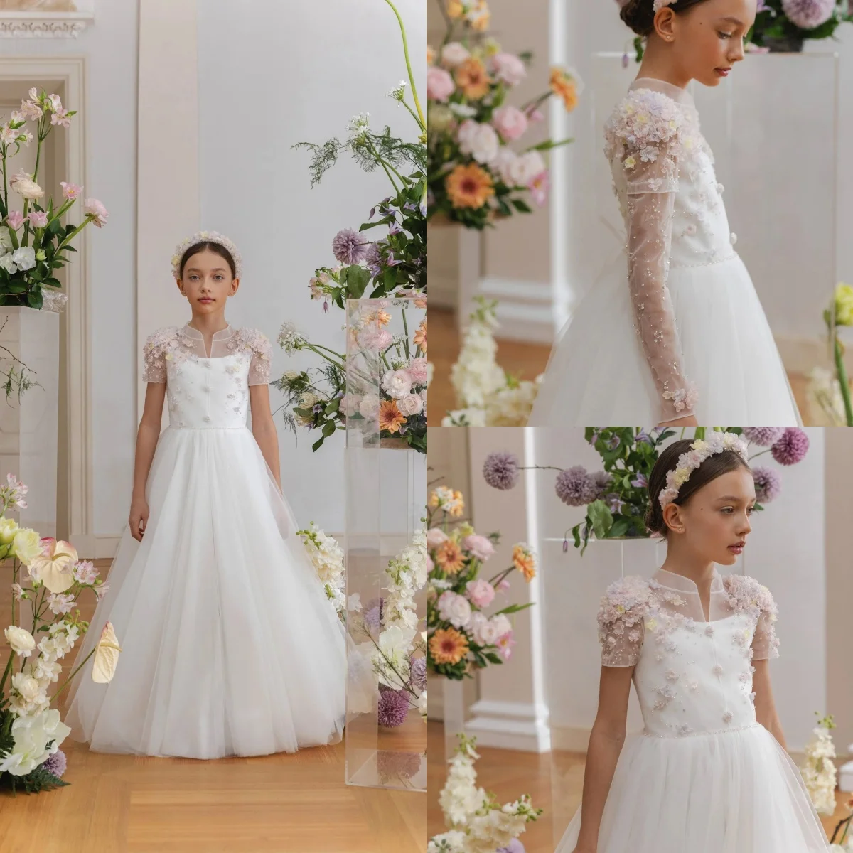 Weiße Blumenmädchenkleider für die Hochzeit mit floralen Spitzenapplikationen, Perlen, Baby-Geburtstagskleider, Erstkommunionkleid, individuell gestaltet