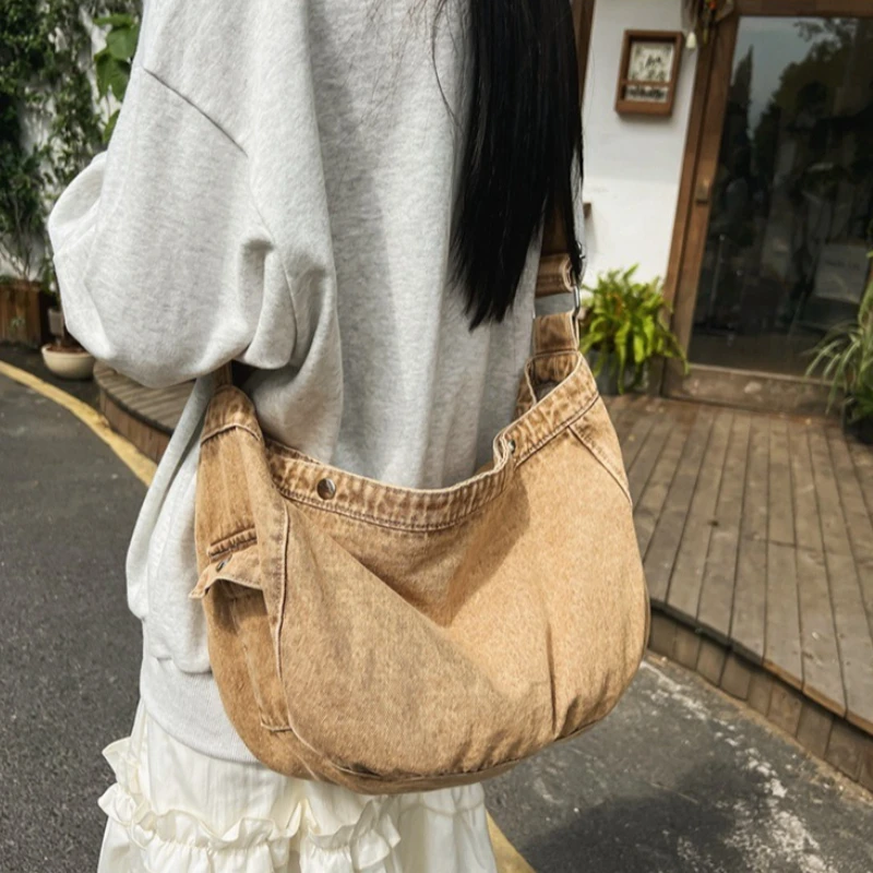 Vintage Washed Denim Crossbody Bag, Adjustable Wide Strap Large Capacity Soft Shoulder Tote, Casual Distressed Jean Sling Bags