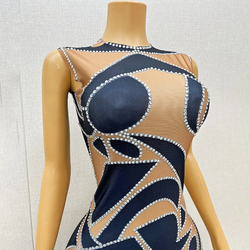 의상 재료 나이트 클럽 DJ 바 여성 가수 섹시한 프린트 전체 다이아몬드 무대 공연 연회 파티 Vestido Festa Luxuoso