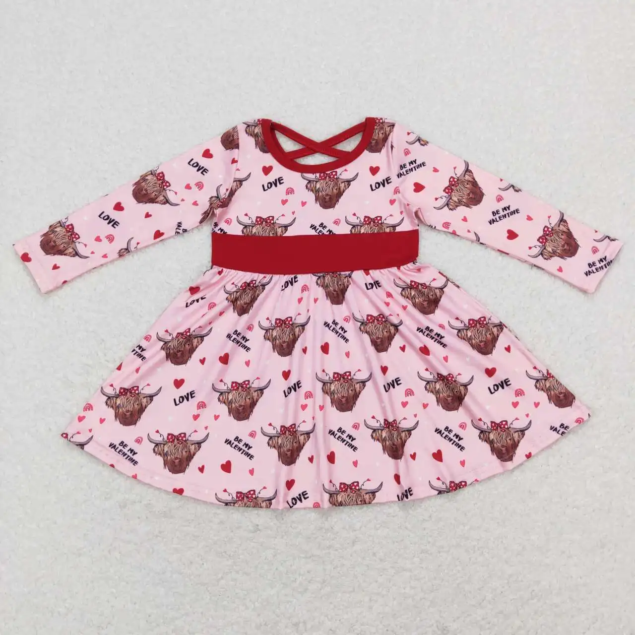 Wholesale hot sale children's clothing for baby girls clothes Baby Kids Clothes Love bull head pink long-sleeved dress