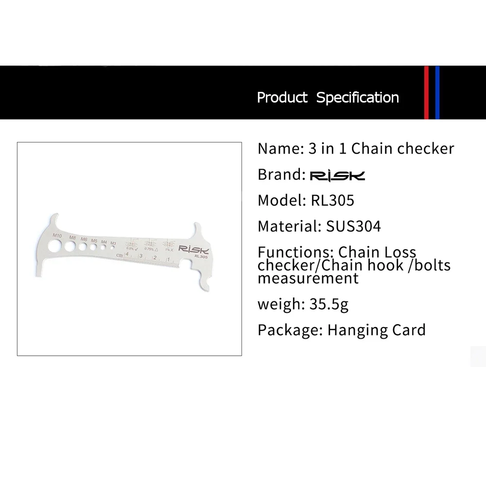 Risk RL305 3 in 1 Bike Bicycle Chain Checker Wear Indicator Chain Hook Bolt Measurement For 8 9 10 11 Speeds Stainless Steel