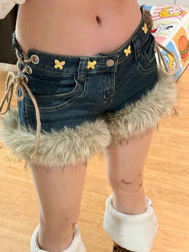 American High Street Y2K Millennium Style Slimming Denim Shorts Women's Autumn Spicy Design Sense Furry Patchwork Hot Pants