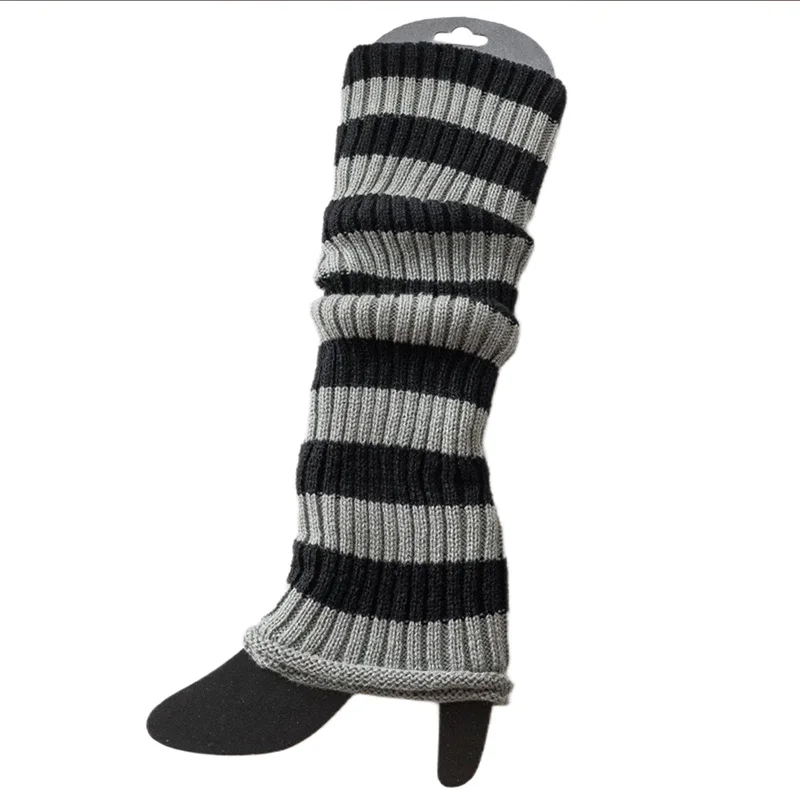 JK Spicy Girl College Style Versatile Foot Cover Warm Stocking Set Boots Set Black and White Striped Knitted Leg Cover Style