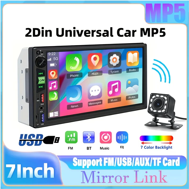 

7" Car MP5 Player Universal 2 Din Car Stereo with Wireless Connectivity - with Multimedia Player, MP5, USB, FM, AUX