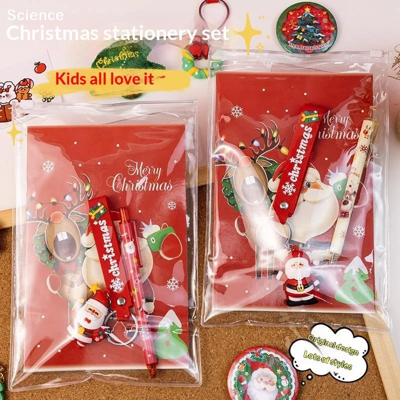 3-in-1 Christmas Stationery Set (includes Notebook, Gel Pen, And Keychain) — Santa Claus And Snowflake Designs