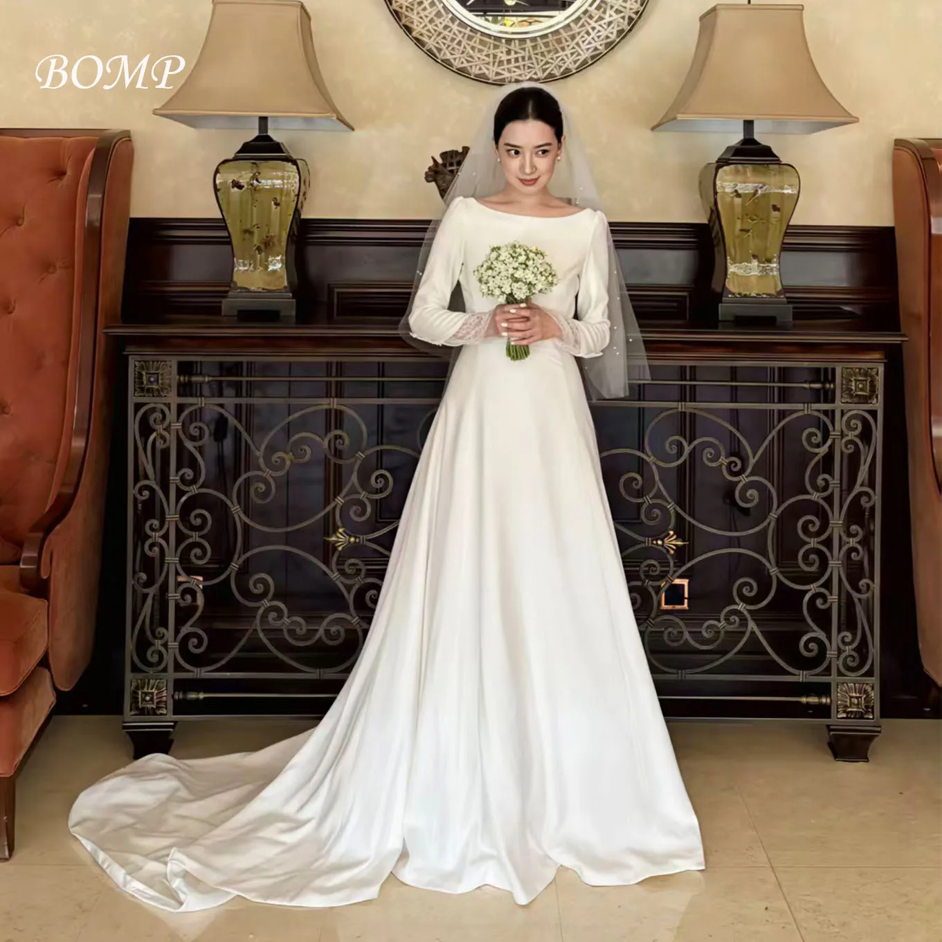 BOMP Vintage corée robe de mariée manches longues balayage Train ivoire Satin séance Photo robe de réception de mariée personnalisé ...........