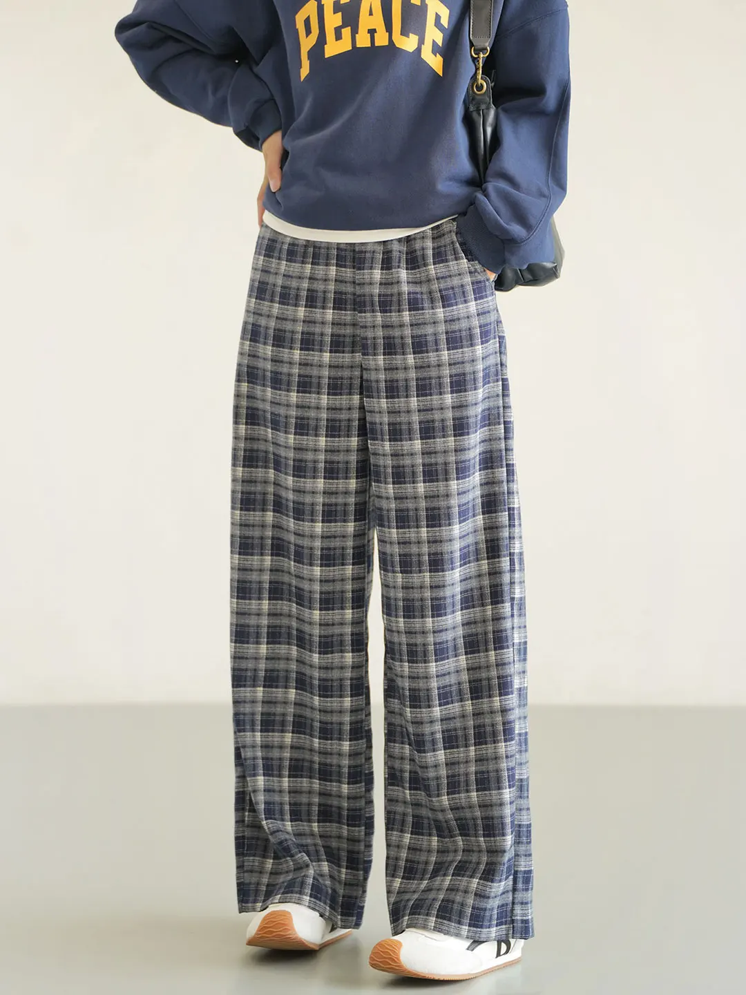 

Retro Plaid Wide Leg Pants High Waist Straight Cut Spring Autumn Women's Faion Casual Trousers Polyester Viscose Spandex