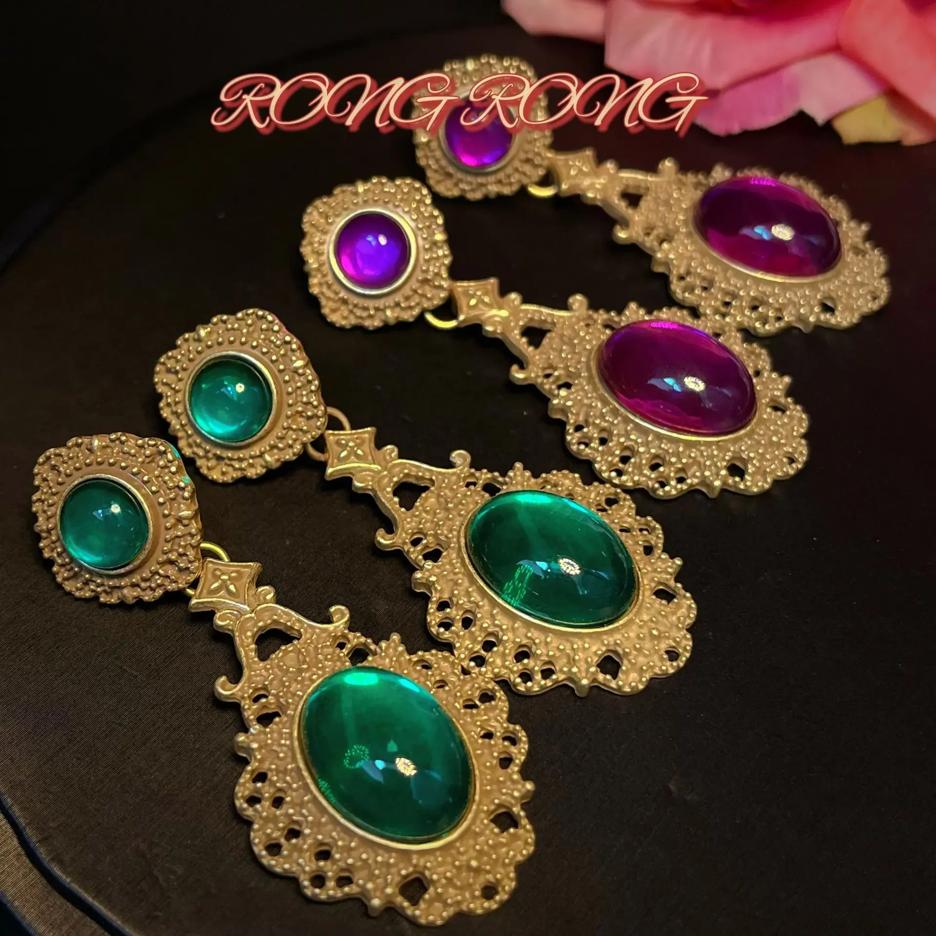 

Medieval Vintage Palace Style Retro Old Green Purple Crystal Earrings European and American Western Style Antique Jewelry