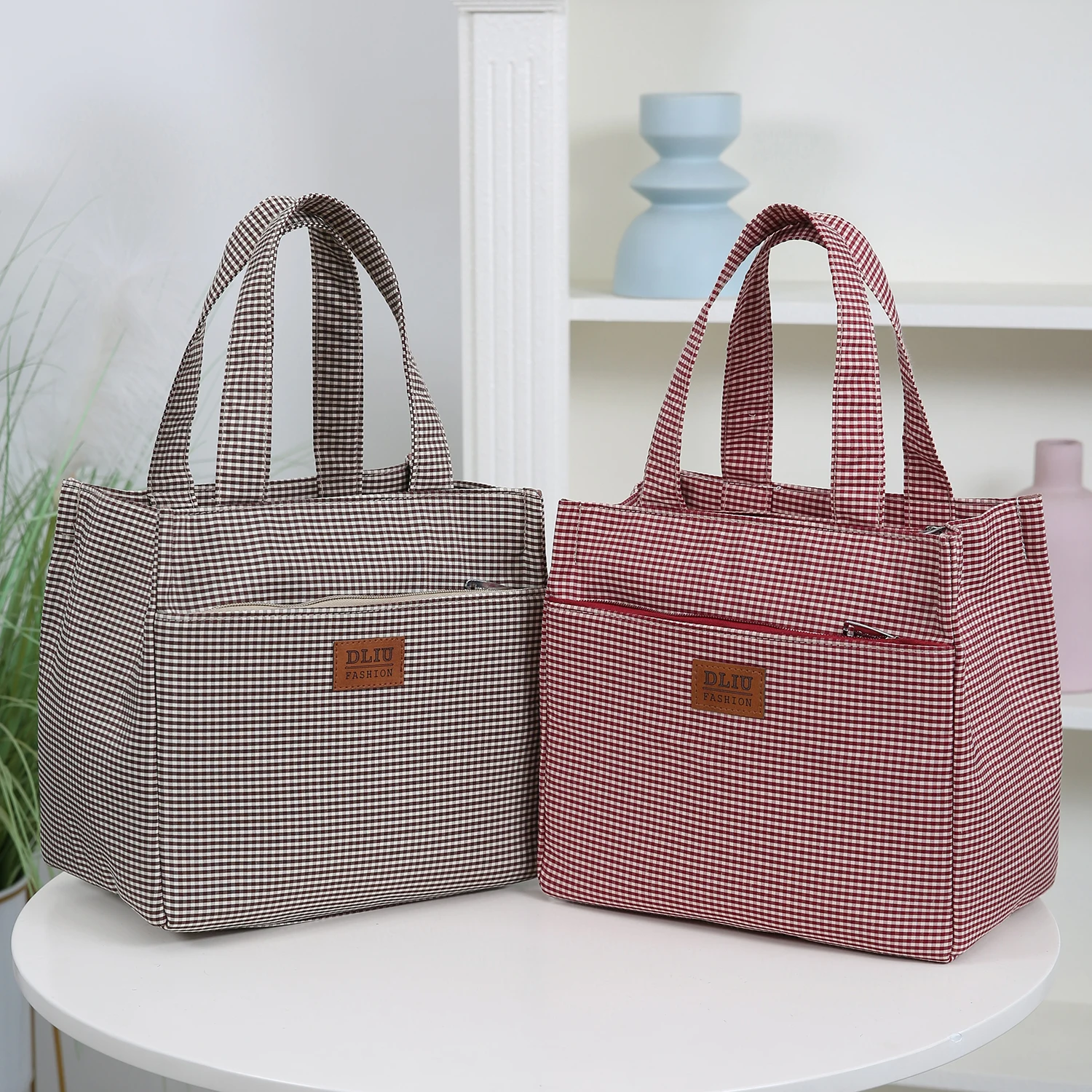 DLIU， New style, thickened fabric, checkered pattern, commuting tote bag, lunch box storage bag, lunch bag, miscellaneous bag