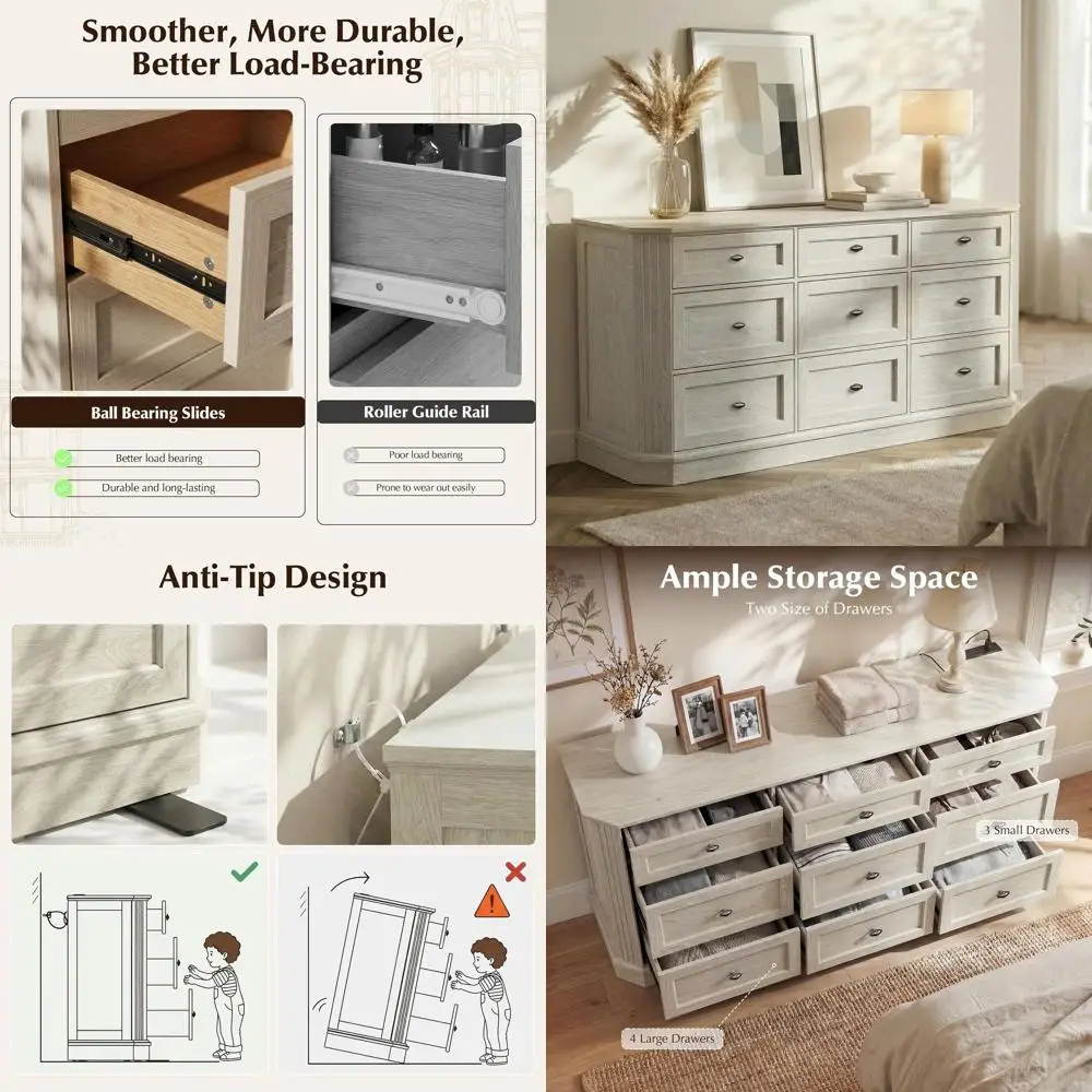 

armhouse 9 Ders White Drer or Bedroom, 63" Wide Chest o Ders w/Charging Station & Vintage Beveled Design, Wood Long Drer TV Stan