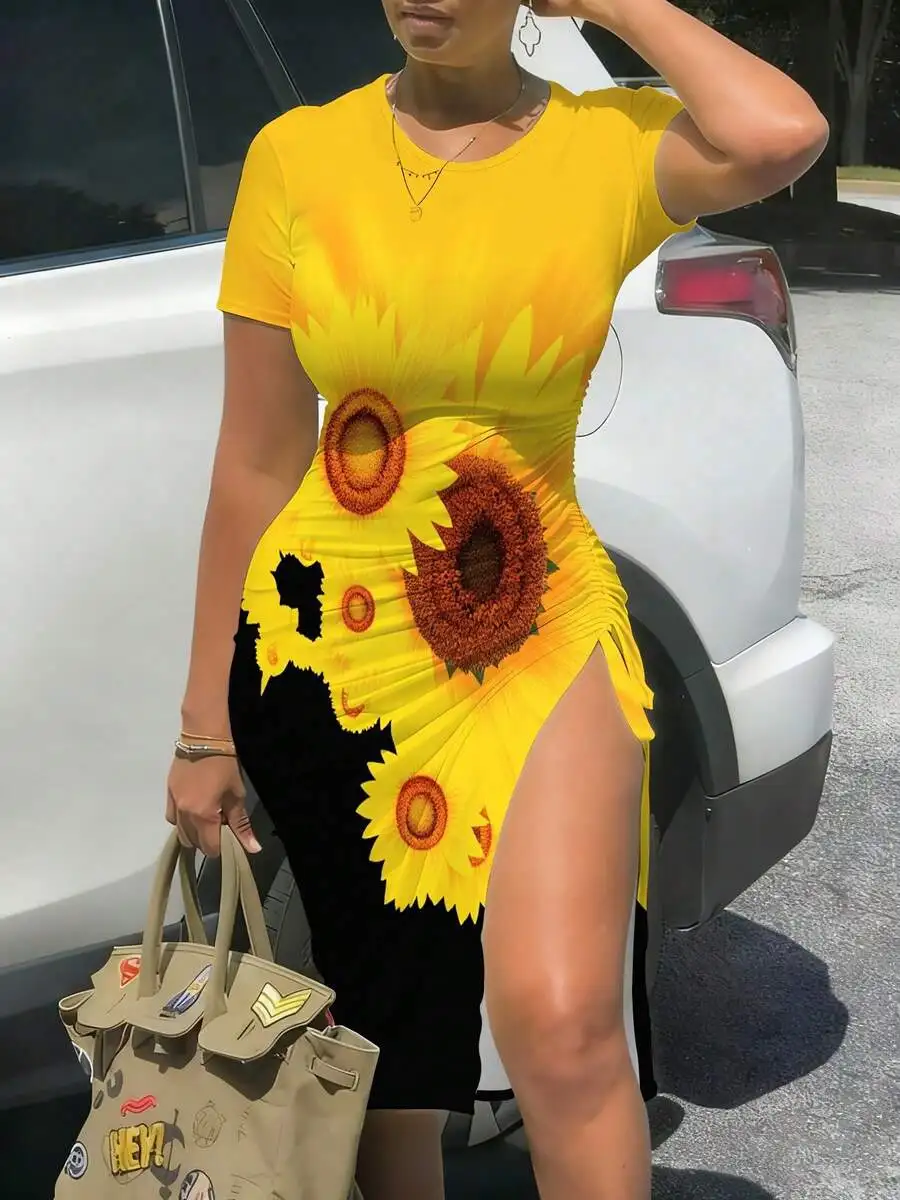 

Womens Short Sleeve Fitted Midi Dress With Side Slit Sunflower Print