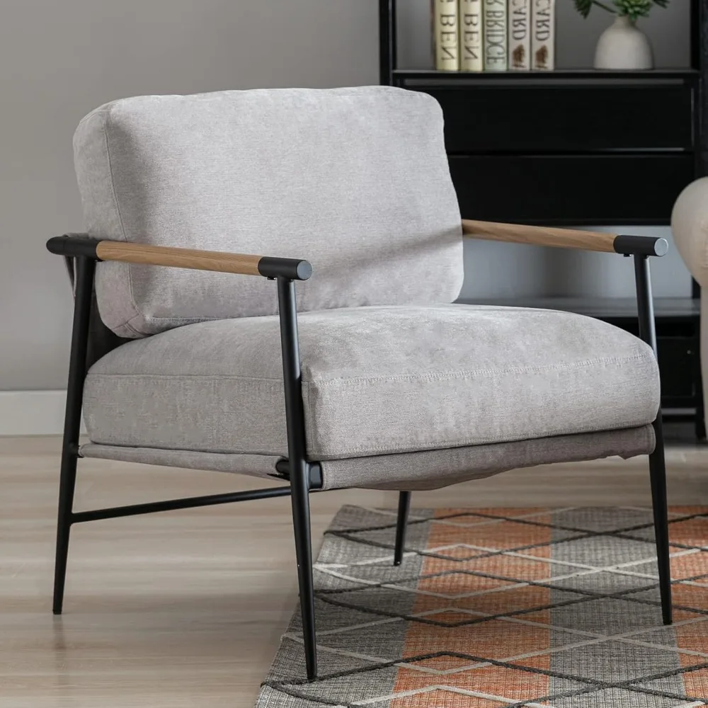 

Mid-Century Modern Accent Chair Armchair, Soft Linen Fabric Sofa Lounge Chair Reading Chair w/Metal Leg for Living Room Bedroom