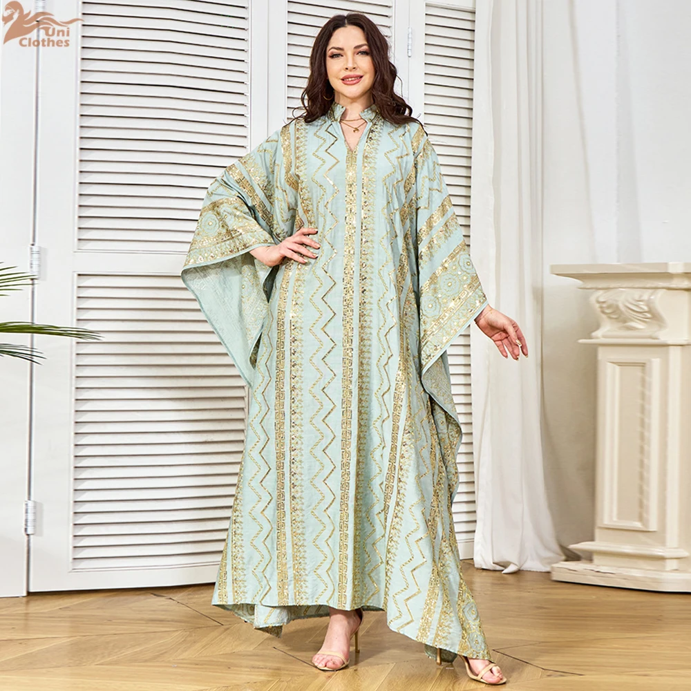 Uni Dubai lentejuelas Patchwork Abaya lujo mujer vestido de noche musulmán elegante manga de murciélago Kaftan