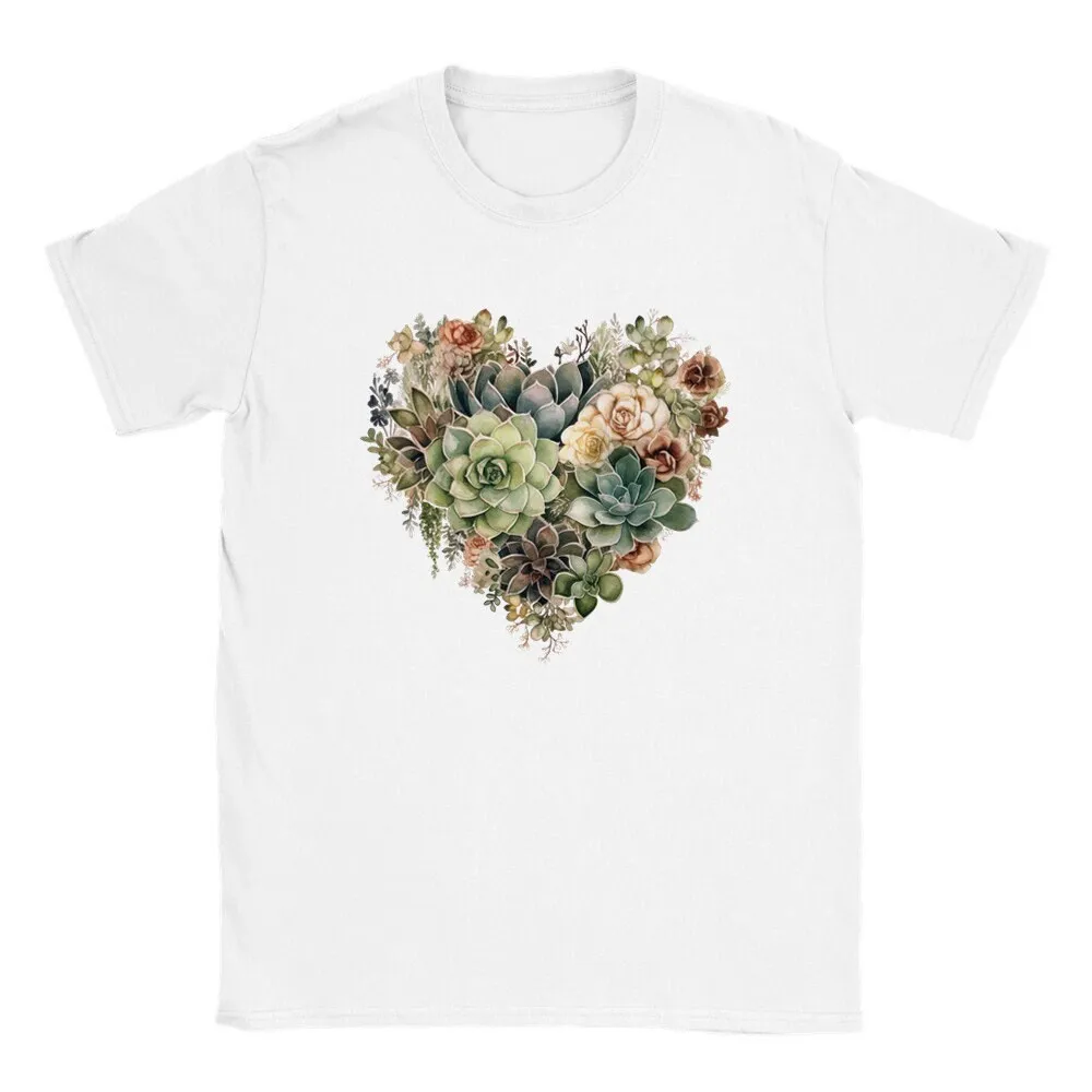 סוקולנט אוהב לב קלאסי שרוול קצר קצר עם חולצת טי צוואר, בכושר נוח, מידות S-3XL, מתנה מושלמת לאוהבי צמחים