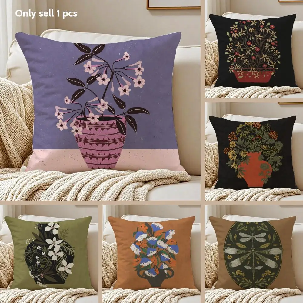 Classic Vintage Vase Cushion Cover Silky Short Plush Sofa Pillow Cover Hidden Zipper Soft Dustproof Case for Home Decor