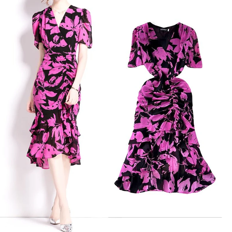 

Elegant And Beautiful Party Dresses Woman 2024 Summer Fashion Ruffled Print Chiffon Dress Evening Dresses Woman Clothing SL051