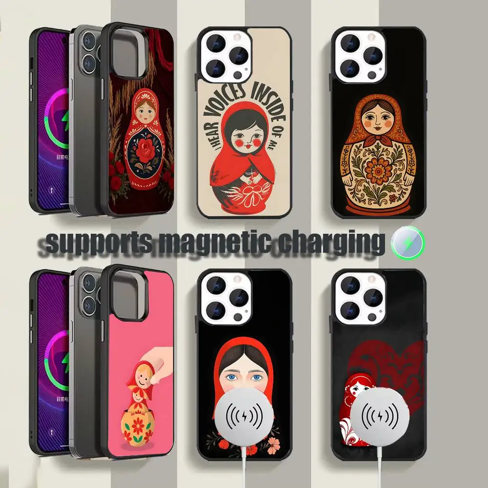 

Russian Dolls Matryoshka Shockproof Black Phone Case For iPhone 17,16,15,14,13,12,11,Pro,Max,Plus Magnetic Wireless Charging