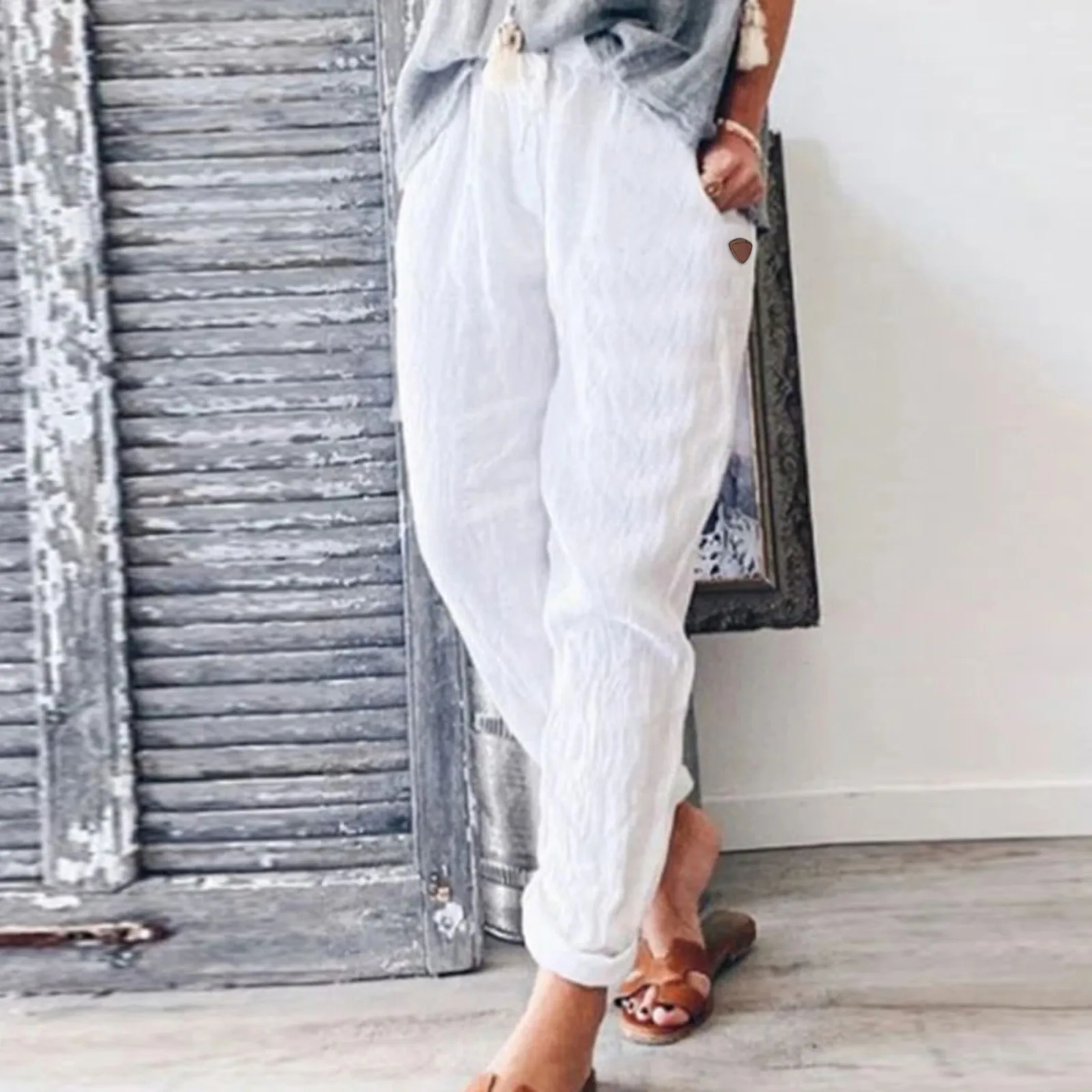 

Women Solid Linen Trousers Casual Baggy Elastic Waist Trouser Harem Pants With Pockets Comfy High Quality Cool Wide Leg Pants