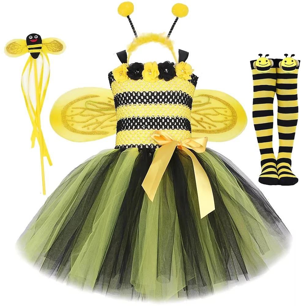Bebê meninas flor abelha trajes para crianças amarelo preto pequena abelha tutu vestido com asas crianças aniversário roupas de halloween