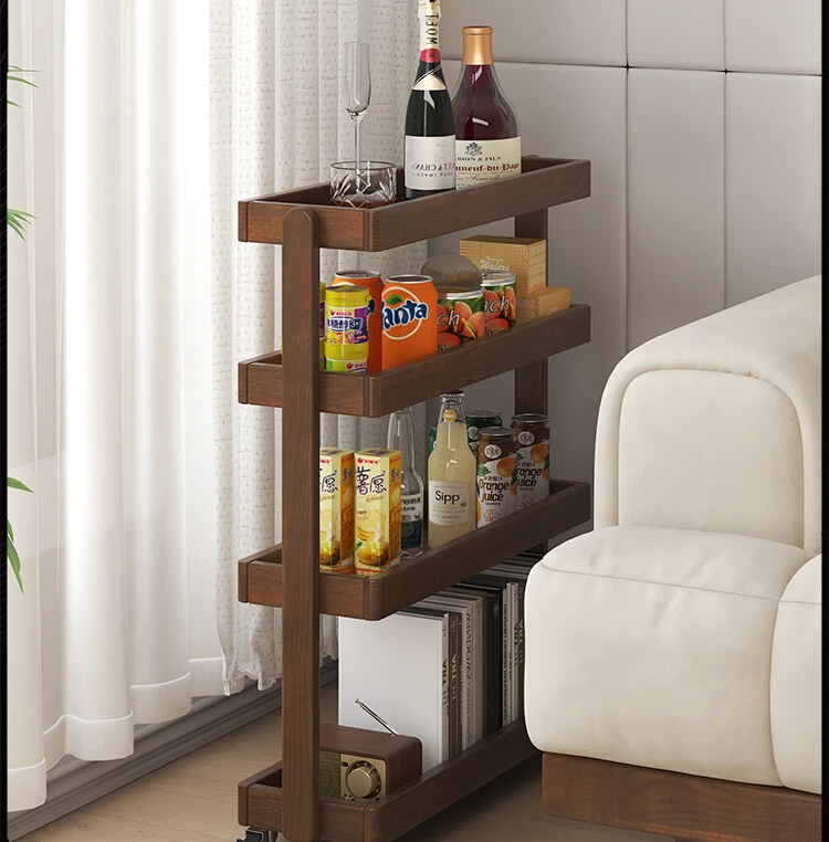 Solid wood bookshelves with narrow seams and wheels can be used to move multi-layer storage shelves