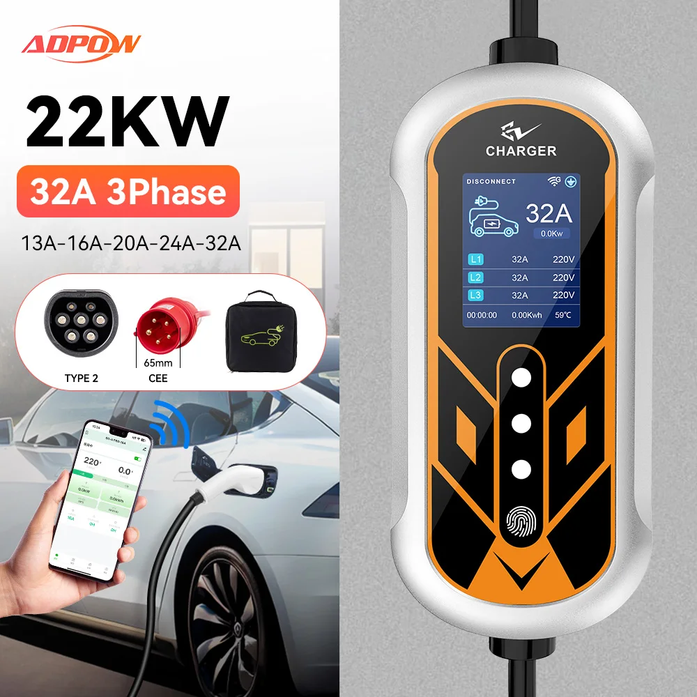 

ADPOW 22KW Type2 EV Charger Portbale With APP Control EVSE Charging 32A 3Phase Set Delayed Charging Time Adjustable Current