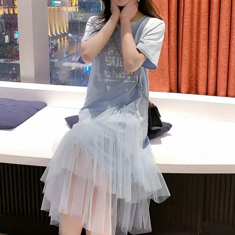 Reflective Letter Print Irregular Shirt Dress Women Layer Ruffles Mesh Long Dresses Summer Loose Casual High Street Sundress 3XL