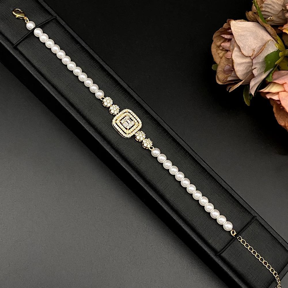 Falair Square Zircon Imitation Pearl Jewelry Set 4Pcs, Anti-Tarnish Luxury Copper Plated Jewelry, Mother's Day Birthday Gift Box