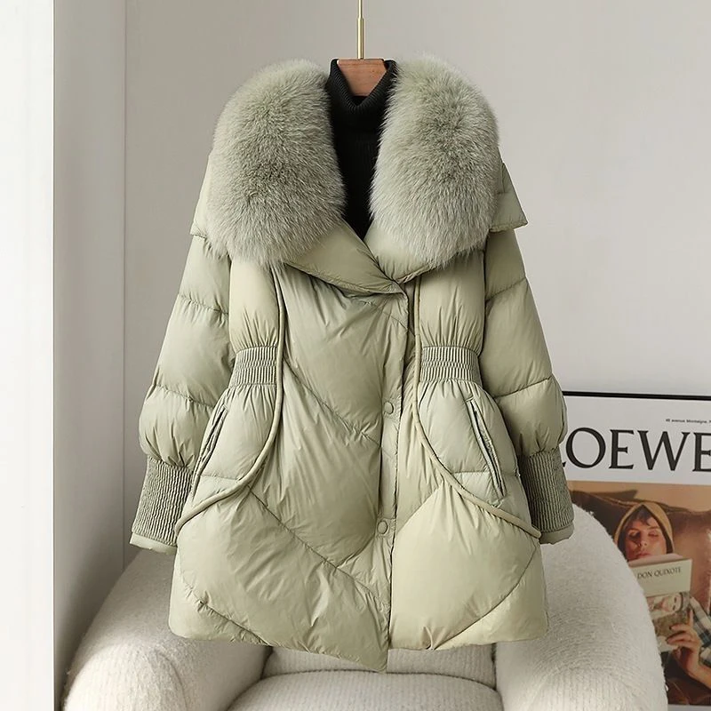 Winter 2024 New Big Fur Collar White Duck Down Puffer Jacket Medium Length Coat for Women Warm Thicken Loose Parka