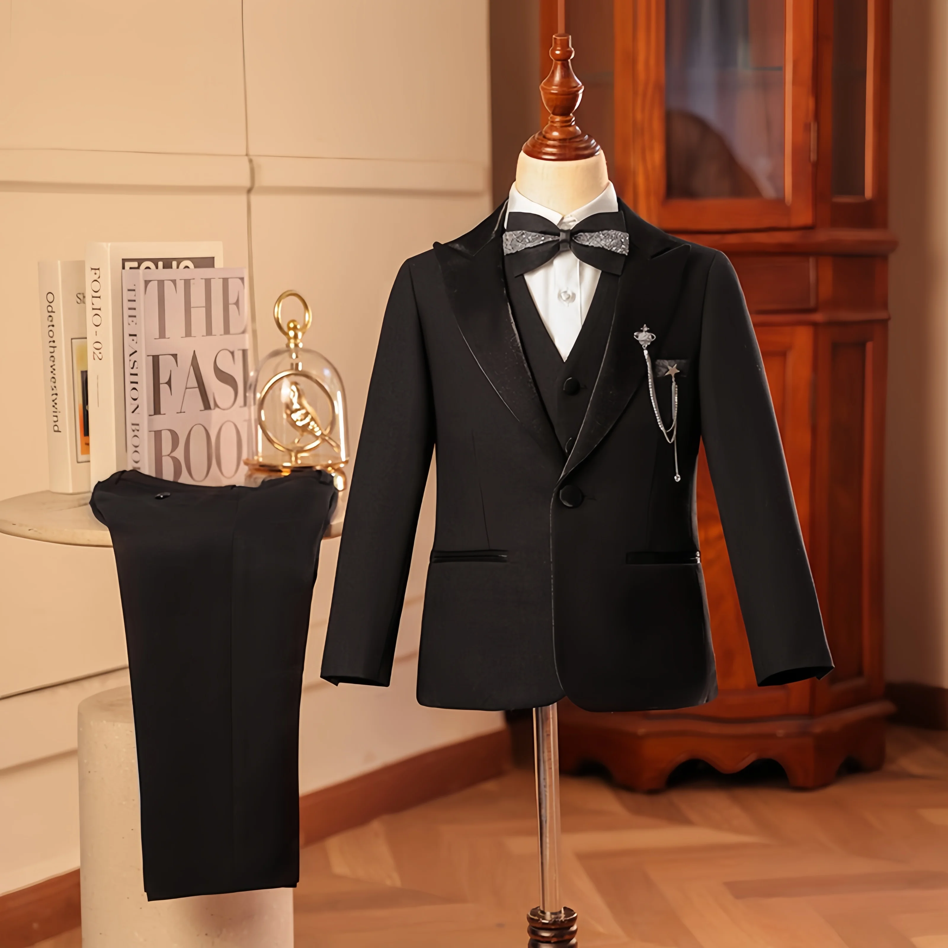 طقم بدلة للأطفال مكون من 3 قطع سترة + سترة + بنطلون لحفلات الزفاف فستان فتاة الزهور لحفلات أعياد الميلاد ملابس رسمية سوداء هدية سهرة #4