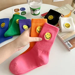 Solid Color Medium Tube Socks for Women's Fresh Smiling Face Pattern Simple Style Comfortable Breathable Girl Socks