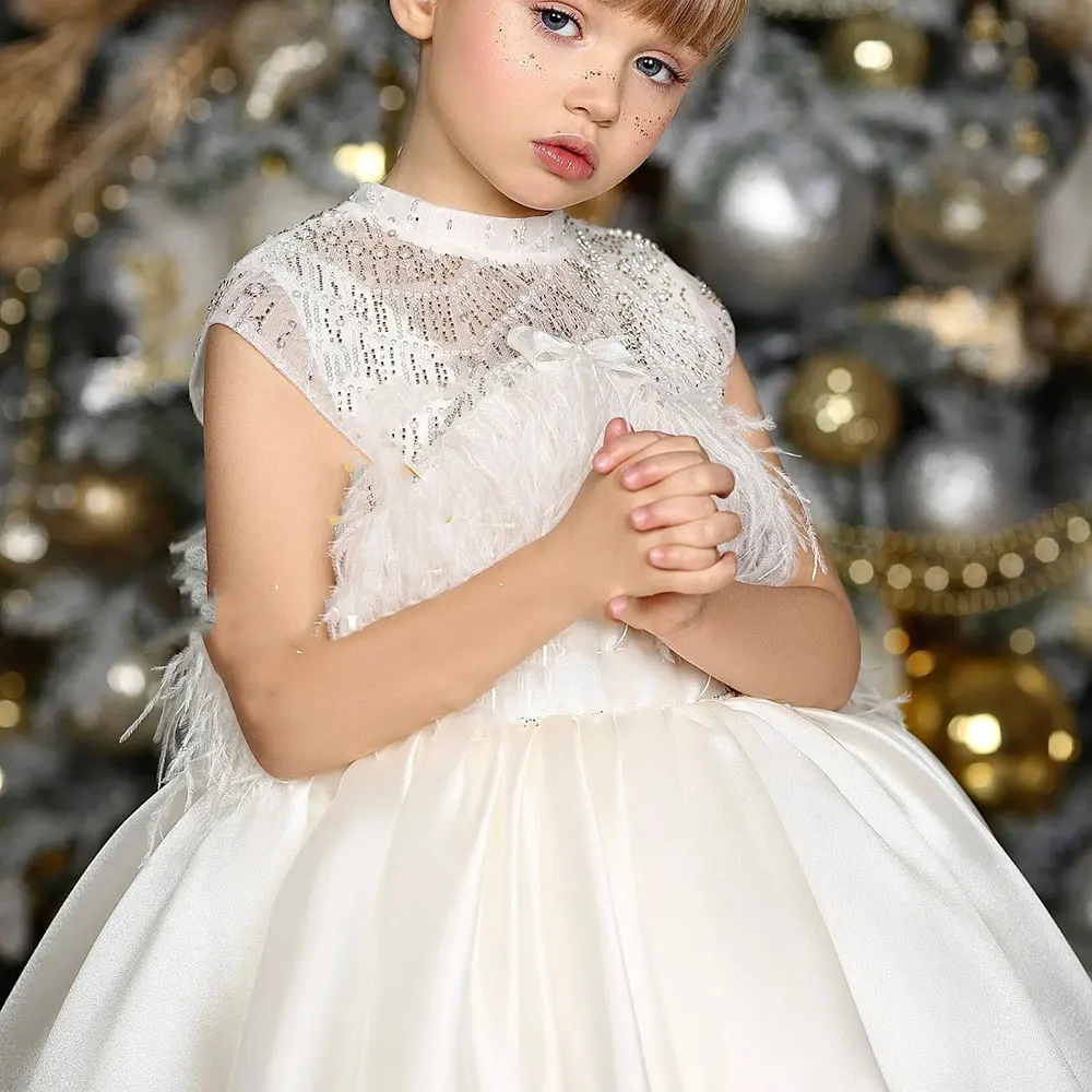 Jill Wish-Robe de Luxe Arabe Blanche pour Fille, Tenue de Princesse avec Perles et Plumes, pour ixd'Anniversaire, Mariage, Première Communion, 2025, J398