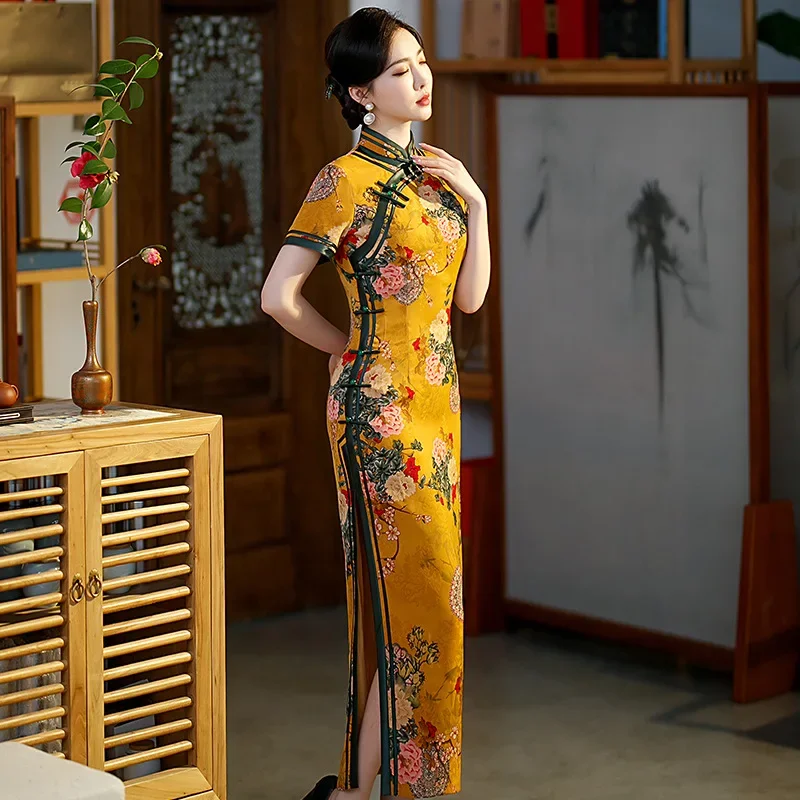 2024 Spring and Summer New Women's Yellow Stand Collar Long Fashion Retro Floral Chinese Fit Cheongsam Gold Dress Chinese Qipao