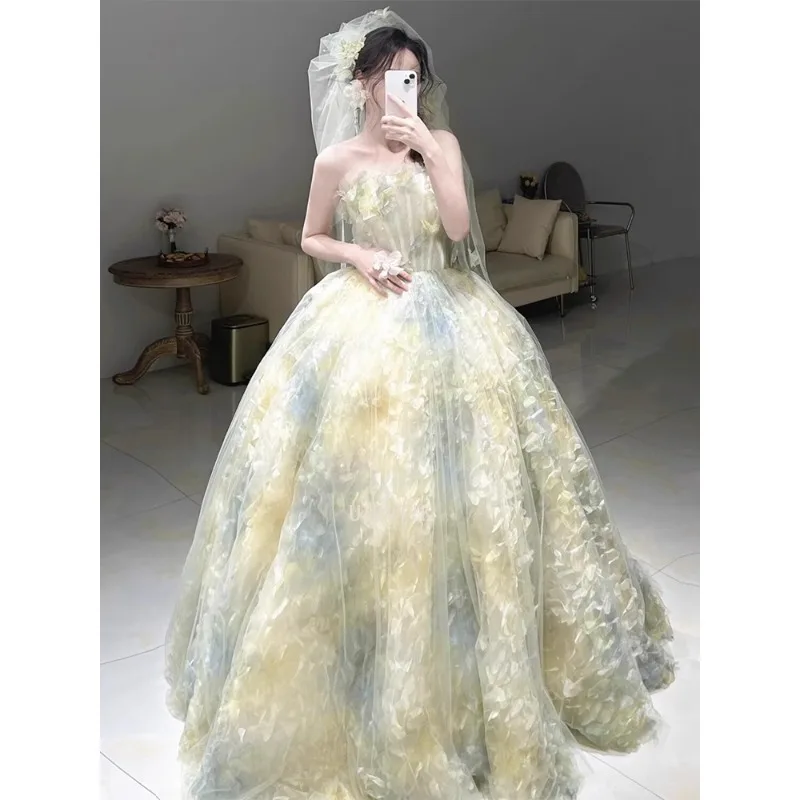 Koreanischer Stil, 3D-Blume, trägerloses Hochzeitskleid, elegante A-Linie, blaues Blumenmuster, lange Party-Abendkleider für Damen, 2025, neue Brautkleider