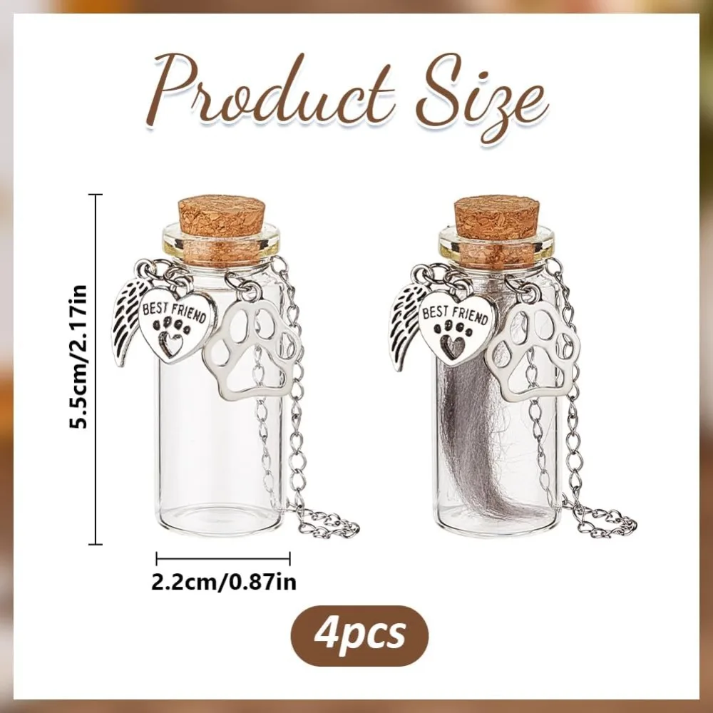 4PCS Pet Fur Memorial Jar Pets Hair Storage Glass Bottle with Heart Paw Pendants and Cork Stopper Dog Cat Keepsake Memorial Urn