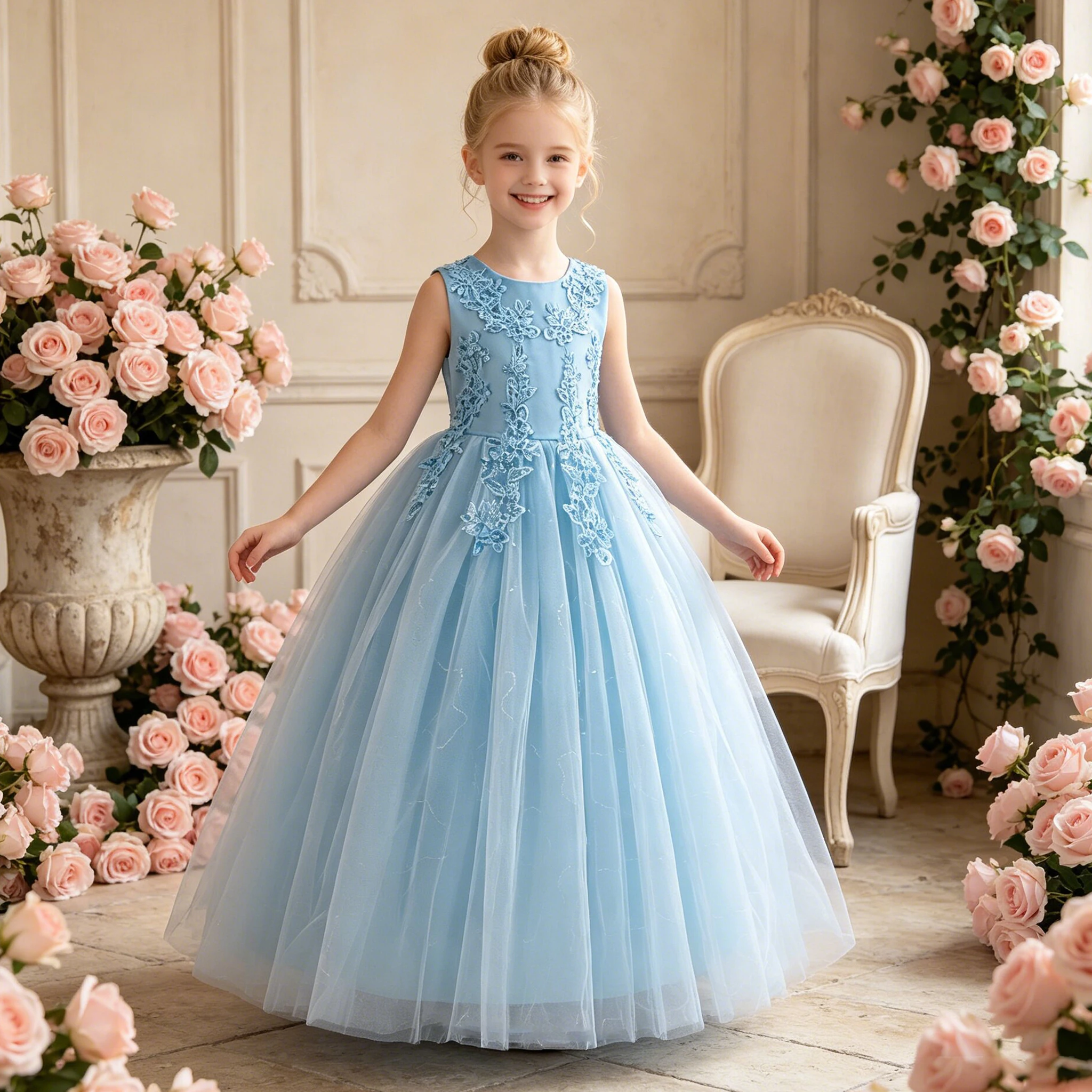 Teenage Flower Girls Party Dress Formal Sequins Embroidery Bridesmaid Wedding Birthday Dress Girls First Communion Prom Vestido