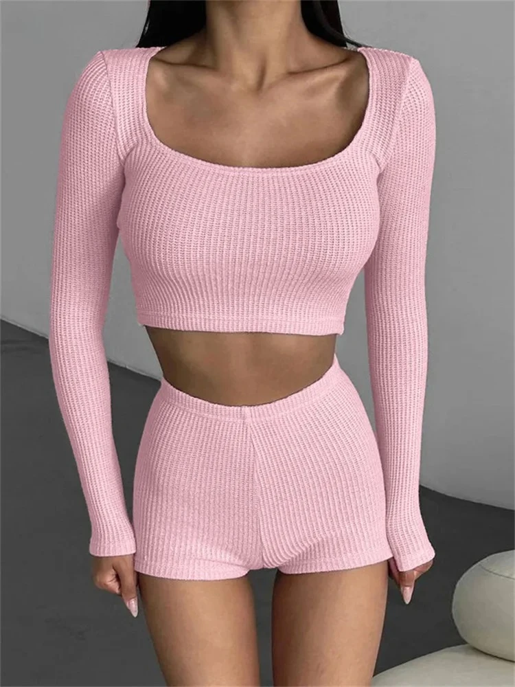 

High Rise Solid Shorts Set Women’s New In Matching Sets Crop Top Hot Shorts 2 Pieces For Female Leisure Suit Streetwear