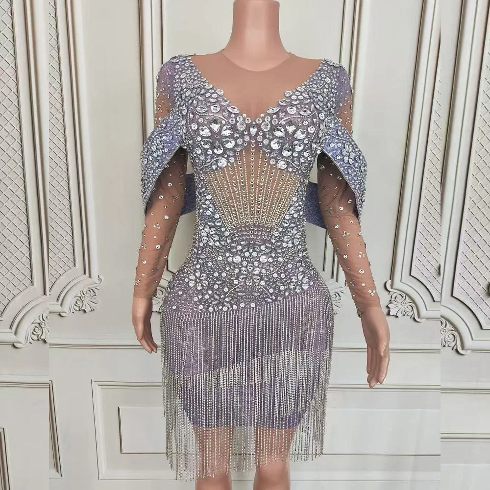Sexy Bühne Sparkly Voller Strass Party Kleid Frauen Sänger Fransen Kleid Jazz Kostüm Bühne Festival Foto-shooting Outfit