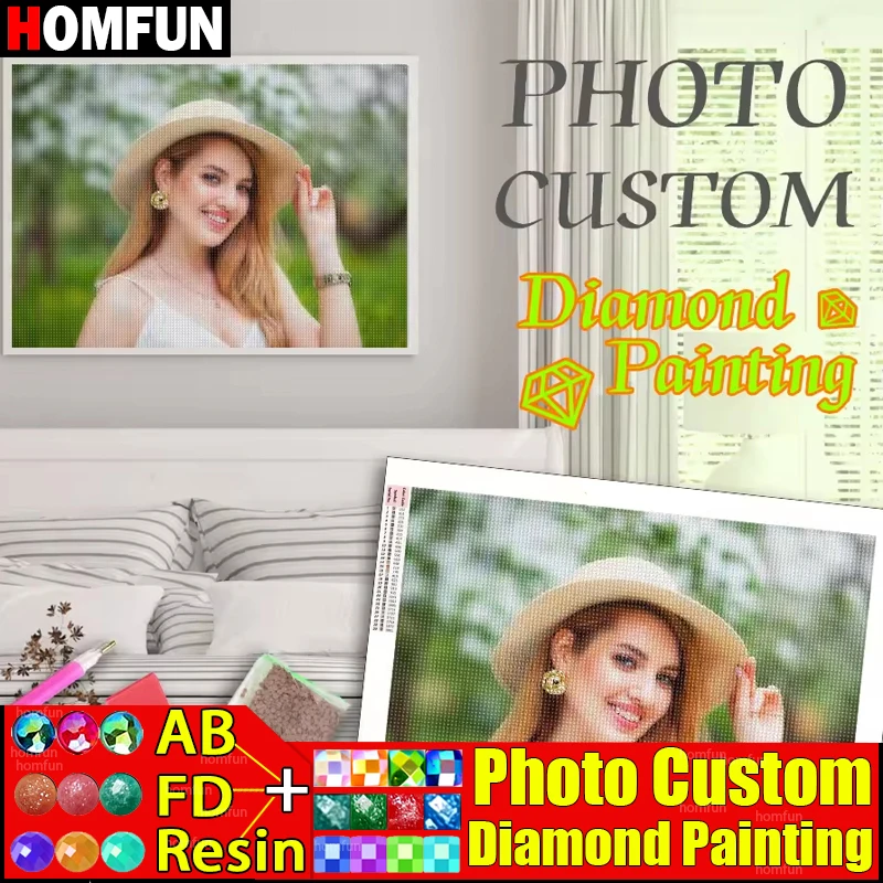 Homfun resina + poeira de fada + broca ab diy 5d foto personalizável para qualquer imagem mosaico bordado hobby presente de aniversário