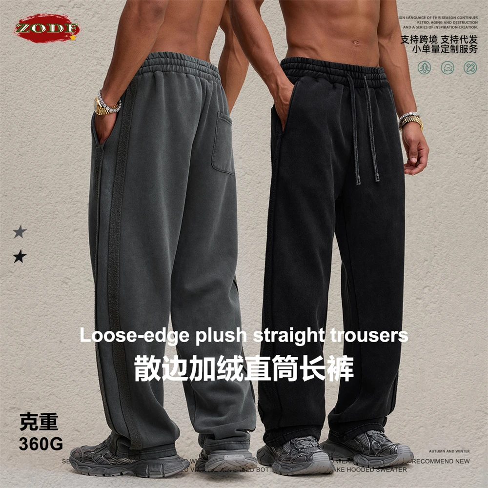 

ZODF Vintage Man Winter Washed Fleece Straight Pants Unisex Distressed 360gsm Knitted Warm Trousers Brand Bottoms HY1092