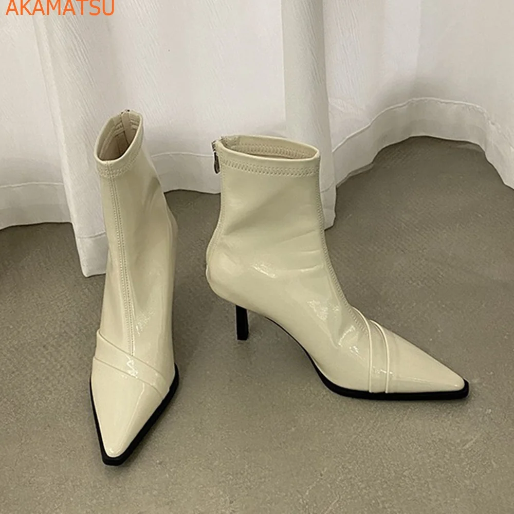 Pointed Toe Mid Calf Women Boots Solid Slip On Fashion Sexy Newest Casual Cover Heel Comfortable  Patent Leather Women Shoes