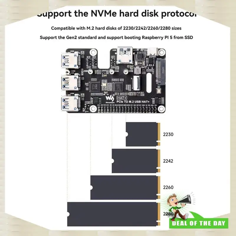 Entrega em 24 horas Waveshare suporta protocolo Nvme Pcie para M. 2 Placa de expansão USB 3.2 para Raspberry Pi 5 Expandir 4 portas USB 3.2