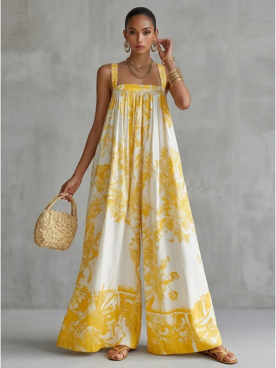 Missuoo Yellow White Floral Printed Loose Vacation Jumpsuit 2026 Summer Stylish Casual Wide Leg Square Neck Cami Jumpsuits view 5