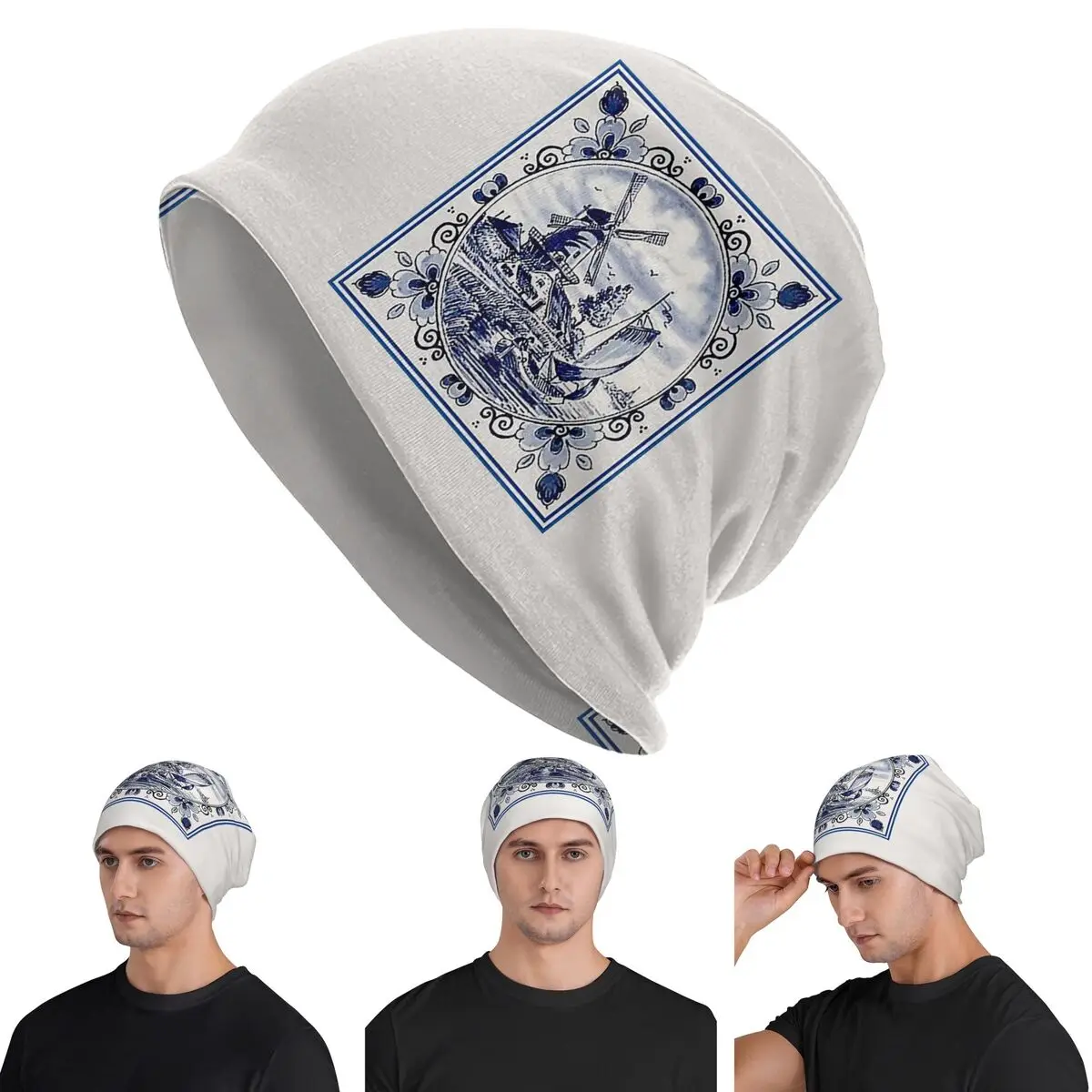 

Голландский синий Delft, винтажные шапочки с принтом ветряной мельницы, шапки, теплая осенне-зимняя уличная шапка, вязаные шапки для мужчин и женщин